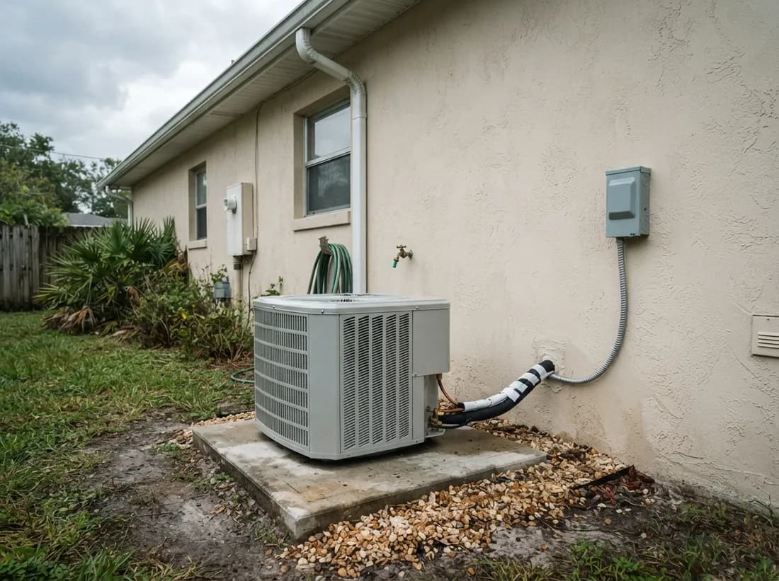 A new outdoor condensing unit on a concrete pad beside a Seminole house