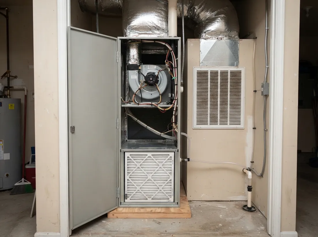 An air handler in a utility closet with a new filter rack